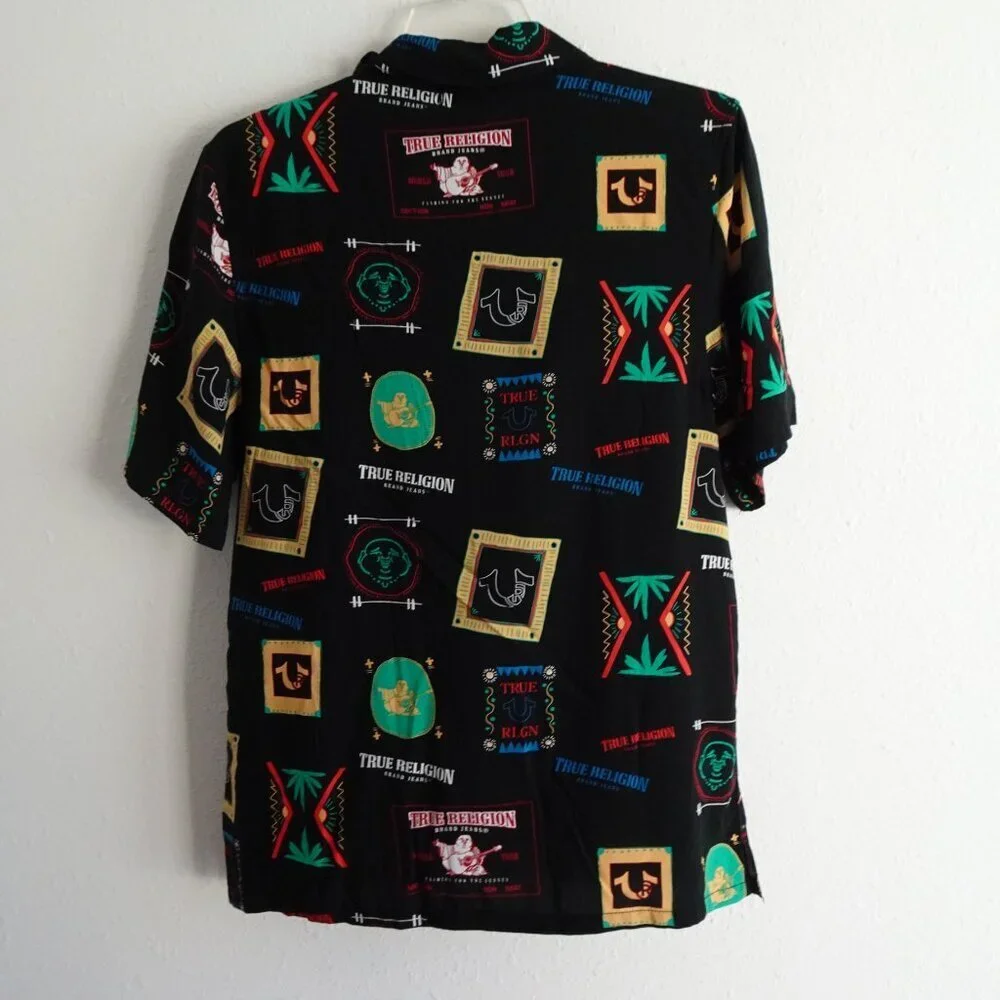 True Religion Button Up Shirt Men's Size M Black Resort Print Resortwear Camp